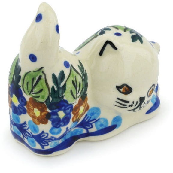 Polish Pottery 3¼-inch Cat Figurine (Bold Poppies Theme) Signature UNIKAT Hand Painted in Boleslawiec, Poland   Certificate of Authenticity