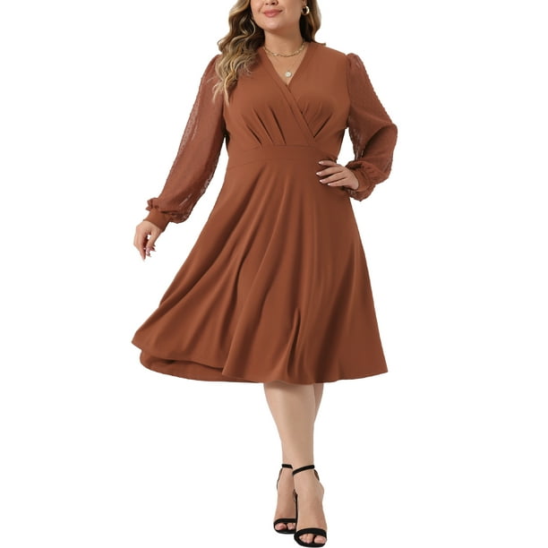 Vestido de novia de talla grande para mujer Agnes Orinda, con mangas largas, puntos suizos, escote en V, vestido formal 4X caramelo