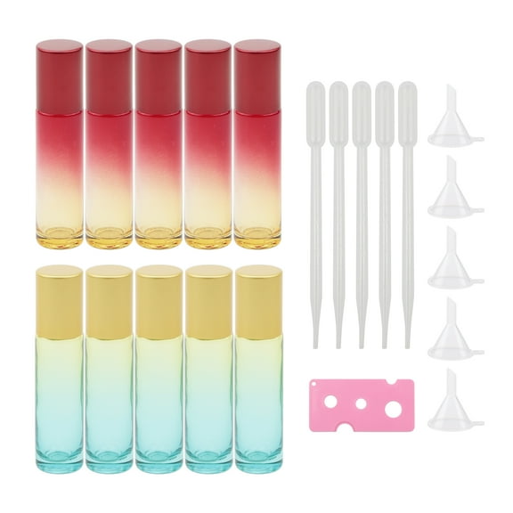 Essential Oil Roller Bottle Set 10ml 10pcs Yellow Blue & Red Yellow Gradient Glass Rolling Bottles with 5 Funnels, 5 Droppers, 1 Opener, Roller Bottles Vials for Perfume Lip Balms 21 Pack