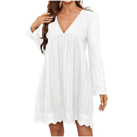 VSSSJ Women s Long Sleeve Lace Eyelet Mini Dresses Casual Loose Solid Color V Neck Pockets Above Knee Ruffle Cute Babydoll Dress White M