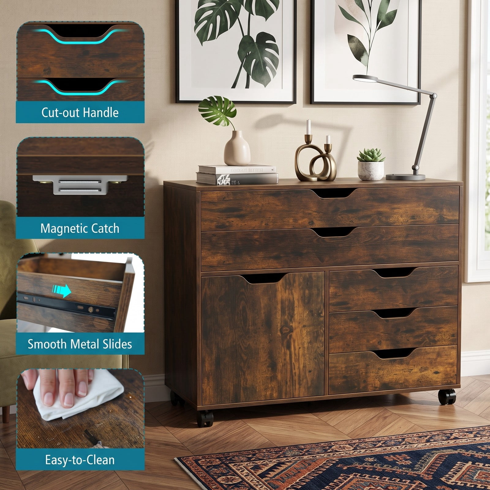 Furnibear Modern Vertical 5-Drawer Mobile Chest with Door, Rolling Storage Cabinet Dresser with 5 Lockable Swivel Casters, Wood File Cabinet Organizer for Home, Brown
