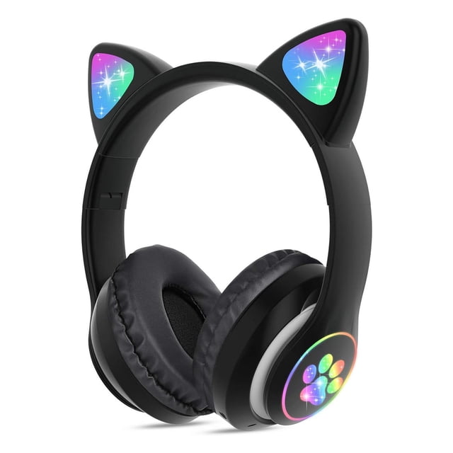 Audífonos Gaming Bluetooth 5.0 Con Orejas RGB Luz LED manos libres Diadema Ajustable 7h Baterían Color negro