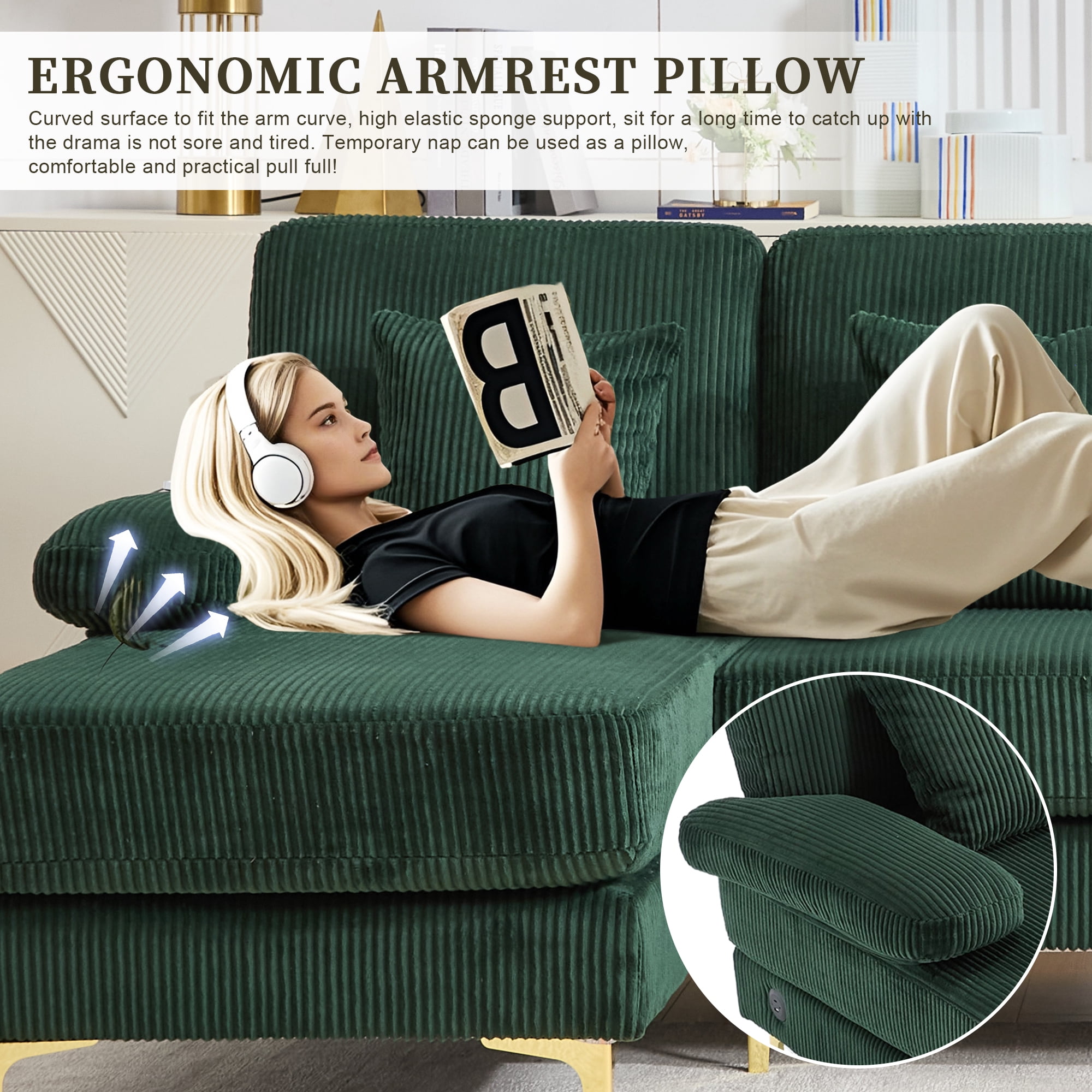 MOONMISS Corduroy Upholstered U-shaped Adjustable Light Modular Sectional Sofa With Type-C and USB ports-Emerald