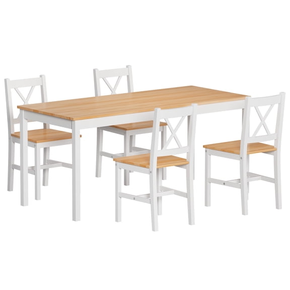 SogesPower Pine Wood Dinning Table Set of 5 Dining Table Set with 4 Chairs - Teak White