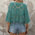 thumbnail image 4 of Women's Plain Fringe Trim Cut Out Sheer Crochet Cover Up Boho Scallop Trim 3/4 Sleeve Round Neck Beach Coverup Tops, 4 of 5