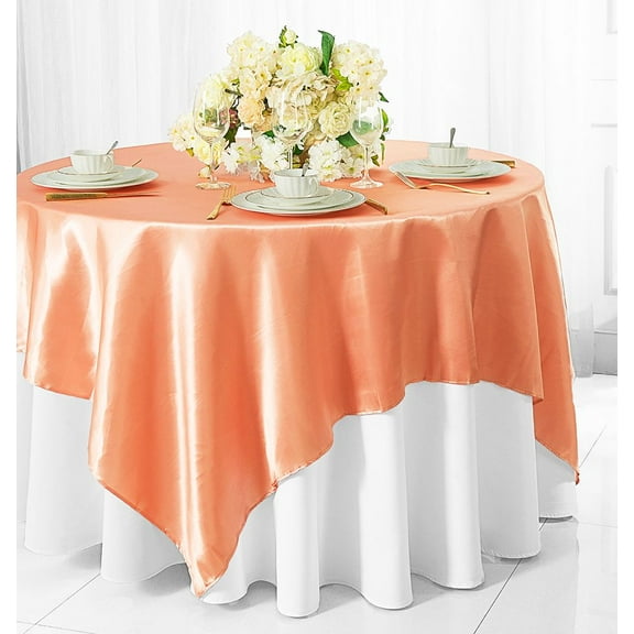 Wedding Linens Inc. 85 inch Square Satin Table Overlay Toppers- Apricot / Peach
