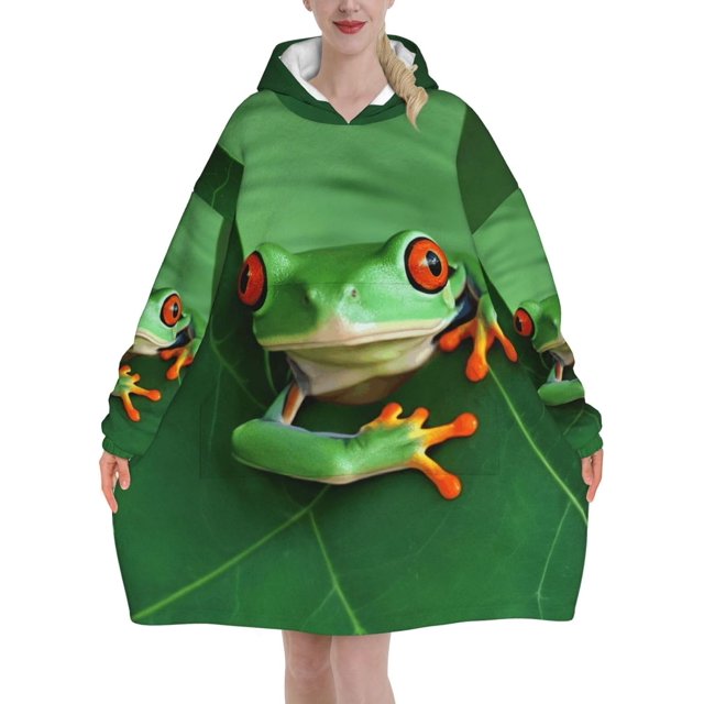 Cute Frog Print Oversized Blanket Hoodie, Wearable Blanket Adult For Women Men And Teenager, Super Soft Warm Flannel Fluffy Hooded Blankets Sweatshirt With Big Pocket