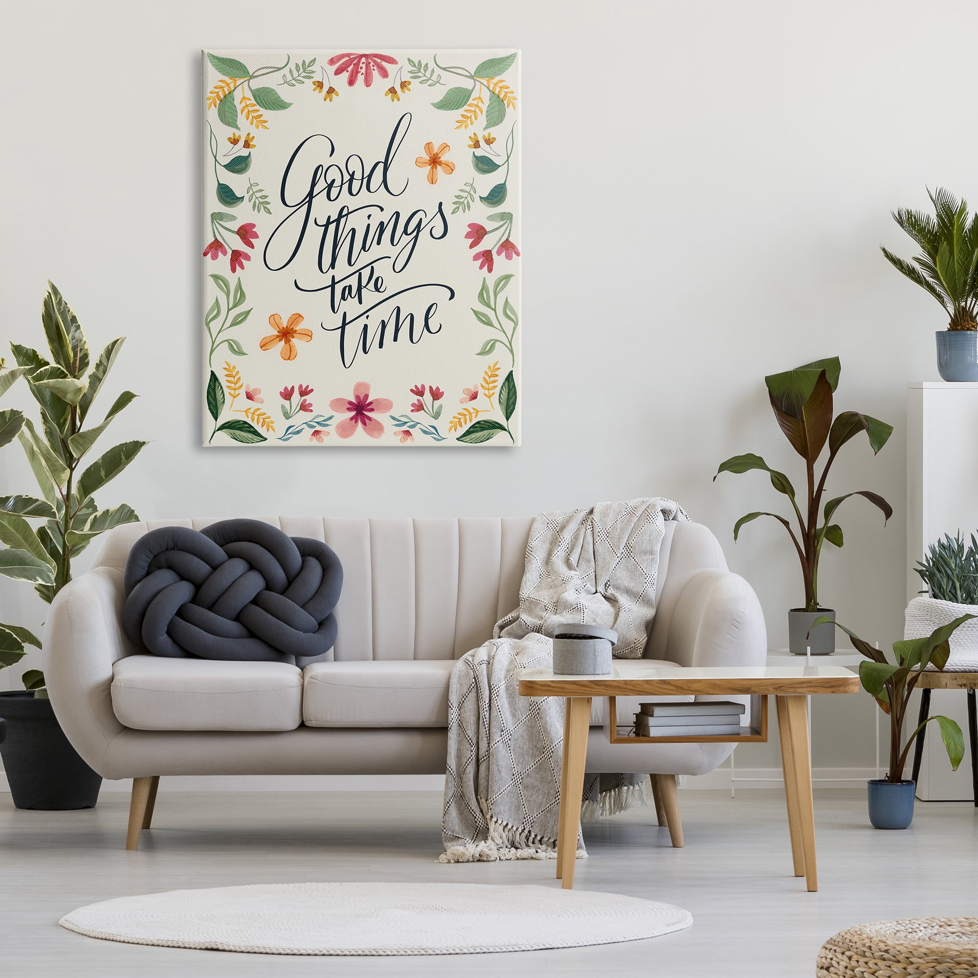 Stupell Industries Good Things Take Time Phrase Botanical & Floral Painting Gallery Wrapped Canvas Art Print Wall Art, 36 x 48