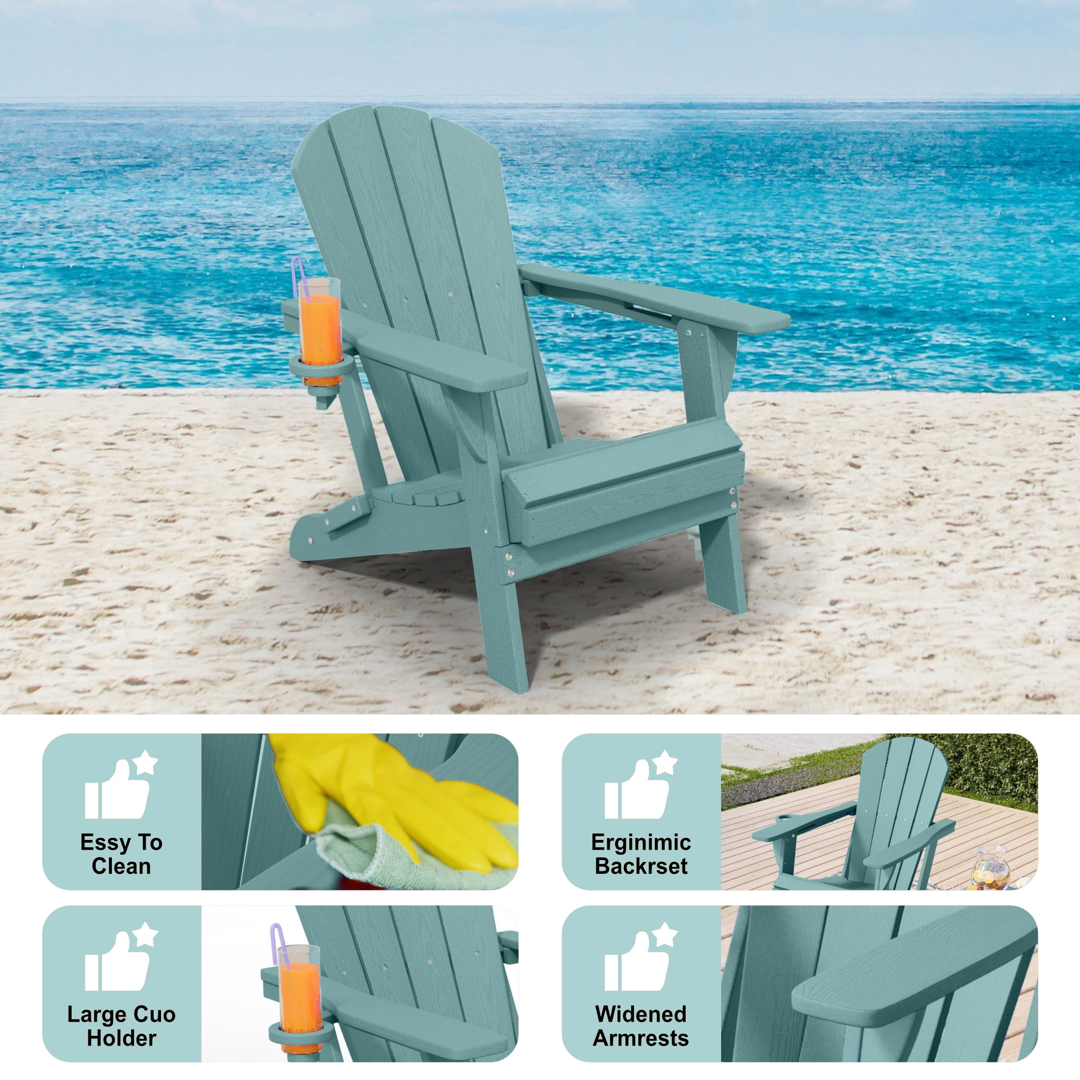 Adirondack Chair,HDPE All-Weather Patio Chairs Outdoor with Cup Holder, Lawn Chair with Weather Resistant for Outside Deck Lawn Garden, Weight Capacity Up to 380 Lbs –Aruba Blue
