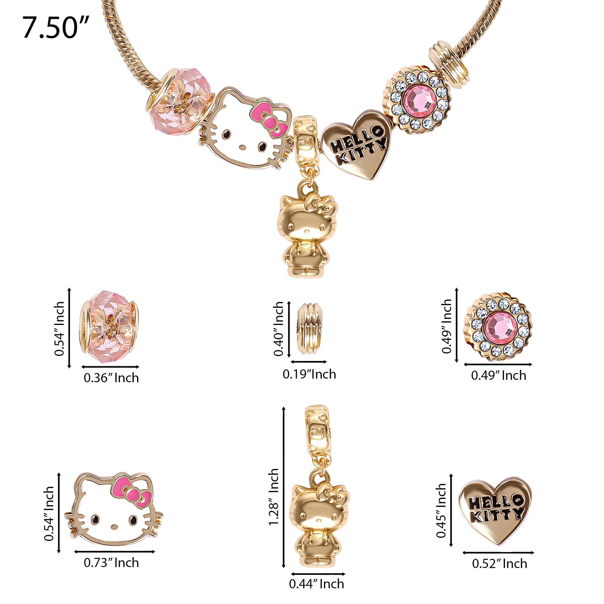Sanrio Hello Kitty 7'' Fashion Charm Bead Bracelet with Pink and Gold Tone Enamel Beads