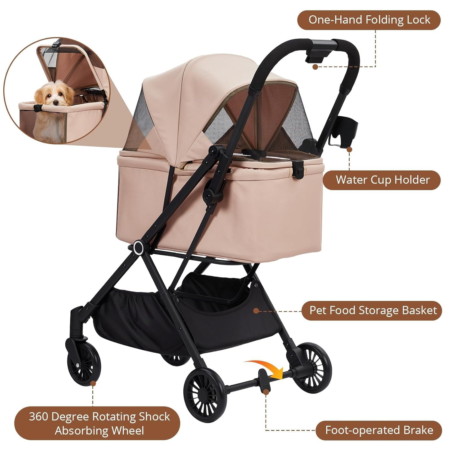 Historyli Dog Stroller-4-Wheel Lightweight Foldable Pet Stroller-50 LBS Capacity,360-Degree Swivel Front Wheels & Foot Brake,Portable Pet Carrier for Small Medium Dogs Cats Puppy