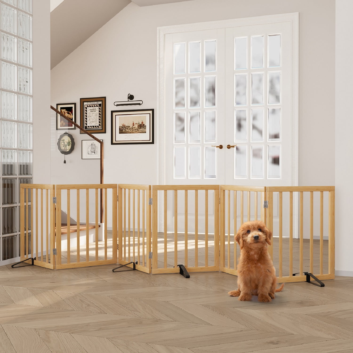 Smuxee Bamboo Freestanding Pet Gate Foldable Dog Gate with Support Feet, Natural, 6 Panel
