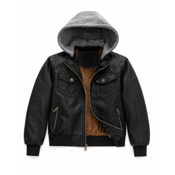 Heting Boys Faux Leather Jacket Windproof & Waterproof Winter Coat with Fleece Lining PU Motorcycle Hooded Jacket Kids Bomber Jacket for Cold Weather Black Velvet Lined 10-12