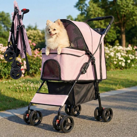 Pet Stroller for Small Dogs, Pink Foldable Dog Stroller with Weather Cover, Breathable Mesh, Storage Basket & Cup Holder, Lightweight, Up to 44 lbs