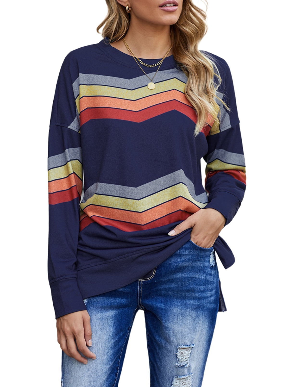 Famulily Women Casual Striped Colour Block Soft Long Sleeve Pullover Tunics Tops S-2XL 