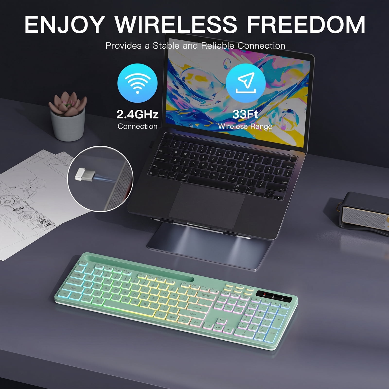 Wireless Keyboard with 7 Color RGB Backlit, Marvo Computer Keyboard with Phone Tablet Holder, Rechargeable 2.4G Wireless Gaming Keyboard with Light Up Keys, Compatible with Mac,Window, Green