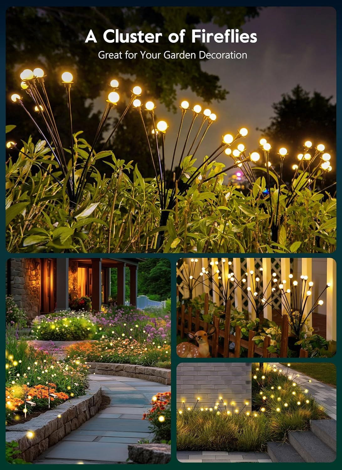 Solar Garden Lights, 4 Pack 48 LED Firefly Lights with 2 Lighting Mode, Sway by Wind, Waterproof Solar Light for Outdoor Outside Yard, Warm White