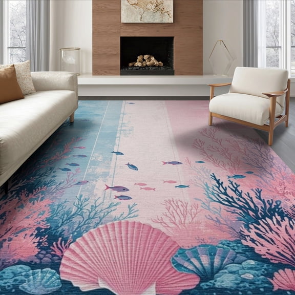 ODIKA 8'x10' Washable Area Rug Durable, Non-Slip Mermaid Gradient Fish Scale Ombre Seashell Border for Living Room, Under Sectional, Family