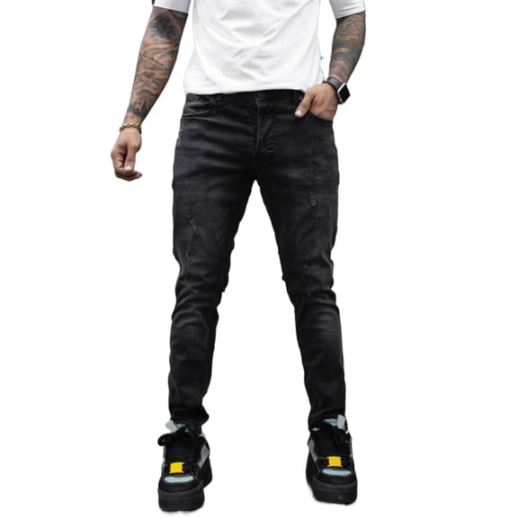 Reppunk Men's Vintage Black Wash Distressed Stretch Slim Tapered Jeans, Ripped Skinny Business Casual Denim Pants, Versatile Office Daily Commute Full Length Trousers