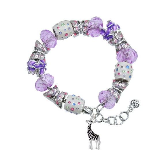 Delight Jewelry Silvertone Antiqued Giraffe Purple Butterfly Bead Charm Bracelet, 7" 1" Extender