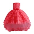 thumbnail image 3 of Huowey Kids Girls Elegant Dresses Gown Solid Color Sleeveless Crewneck Floral Embroidery Tiered Layered High Waist Ball Gowns Pageant Wedding Birthday High Low Dress,Watermelon Red,14-15 Years, 3 of 7