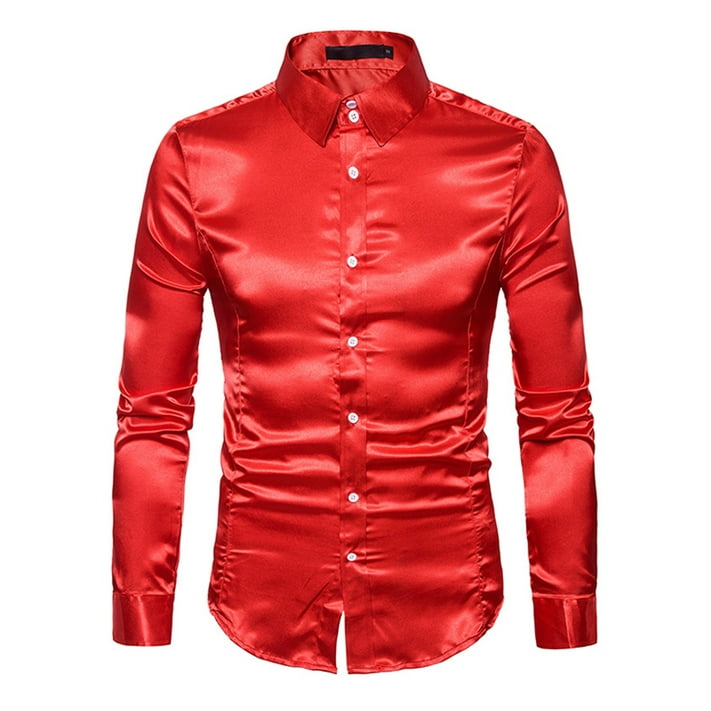 Niuer Men Shiny Shirt Silk Like Satin Clubwear Button Up Disco Party ...