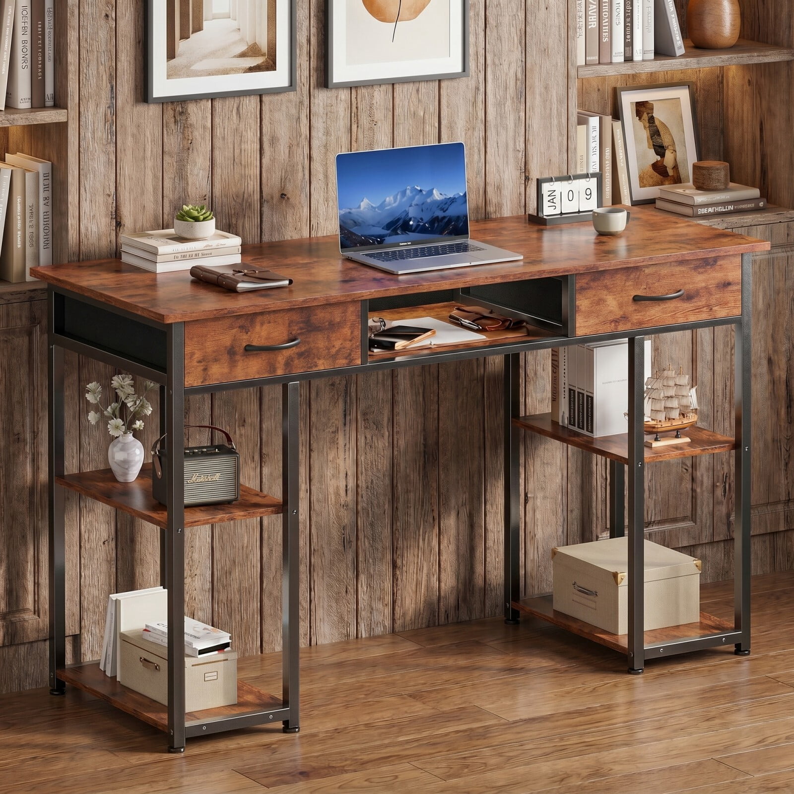 BEAUTYPEAK 48" Computer Desk with Fabric Drawers Storage Shelves Adjustable Feet Writing Gaming Table, Rustic Brown