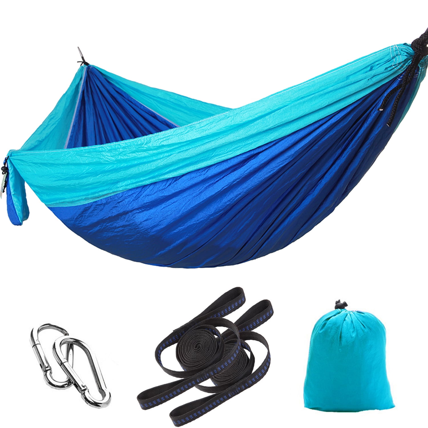 Elegantoss Camping Hammock Single Parachute Portable Including 2 Straps with Loops & Carbines– Heavy Duty Lightweight Nylon, Best Parachute Hammock For Camping, Travel, Beach (Dark Blue/Sky Blue)