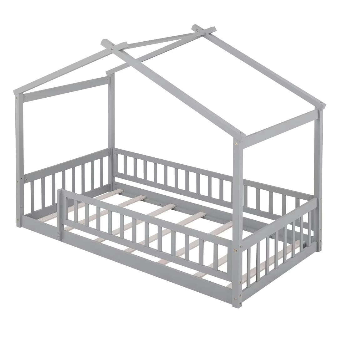 Twin Size House Bed, Wood Floor Bed with Fence and Roof, Montessori Bed Playhouse Bed Toddler Bed Frame for Kids Girls and Boys, Gray