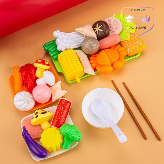 Qocolcyl 35PCS Pretend Hot Pot Play Food Set with Fake Seafood Vegetables Dumplings Tableware Chopsticks,Chinese Restaurant Cooking Role Play Educational Toy,Toddlers Kids Pretend Game Birthday Gift