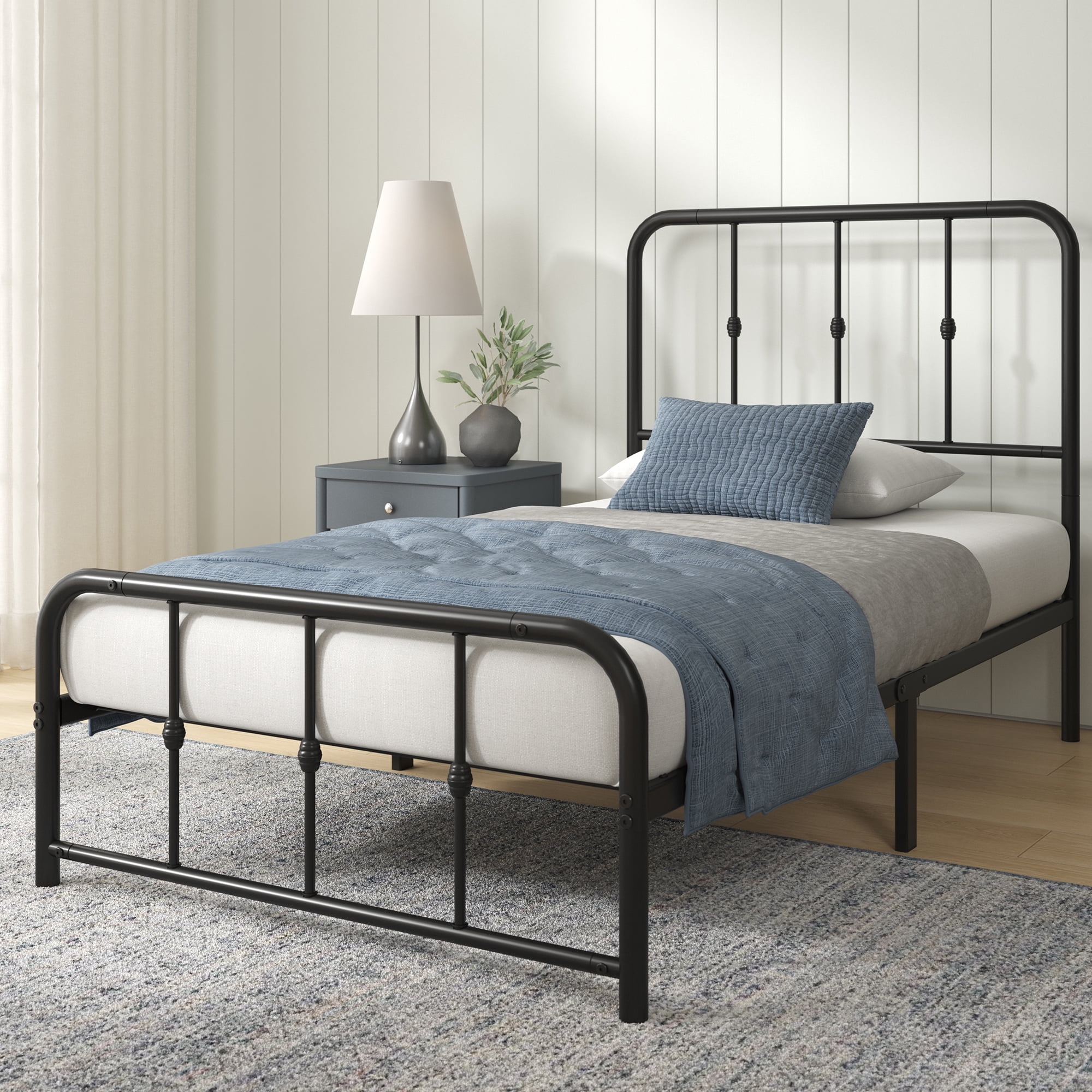 Mainstays Twin Modern Metal Platform Bed Frame with Curved Headboard, No Box Spring Needed, Black