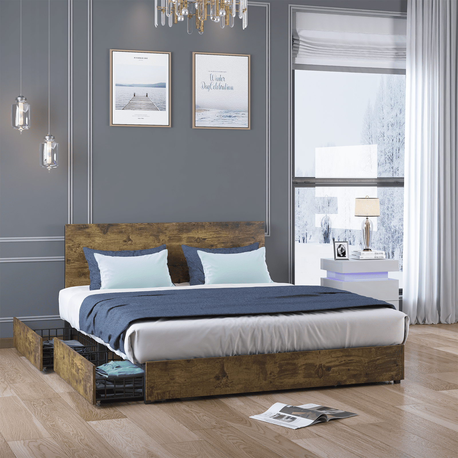 Mjkone 4 Storage Drawers Queen Size Bed Frame, Natural Wood Platform