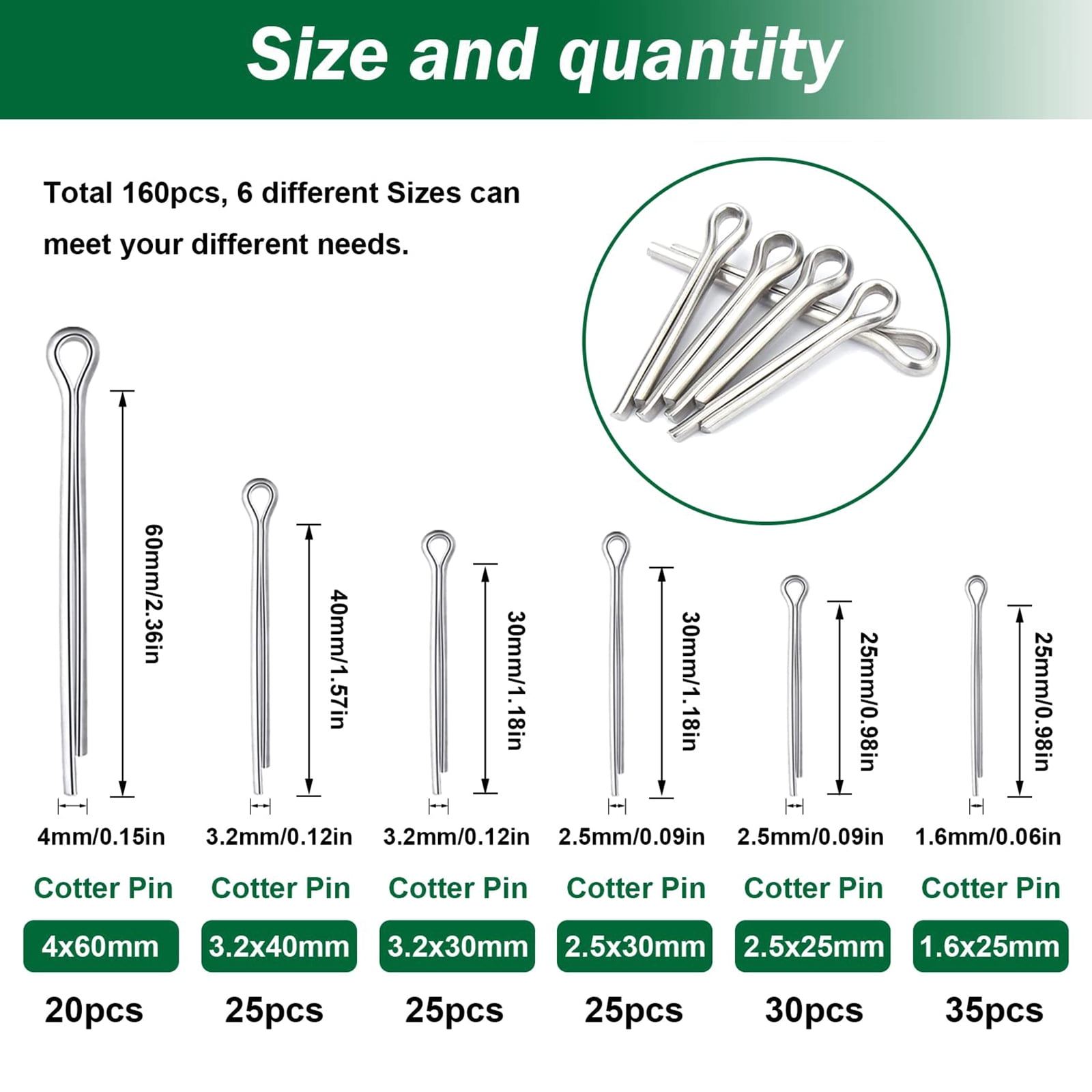 160Pcs Cotter Pin Set with Assortment Box Stainless Steel Safety Cotter Pin Set 6 Different Size for Car Garden