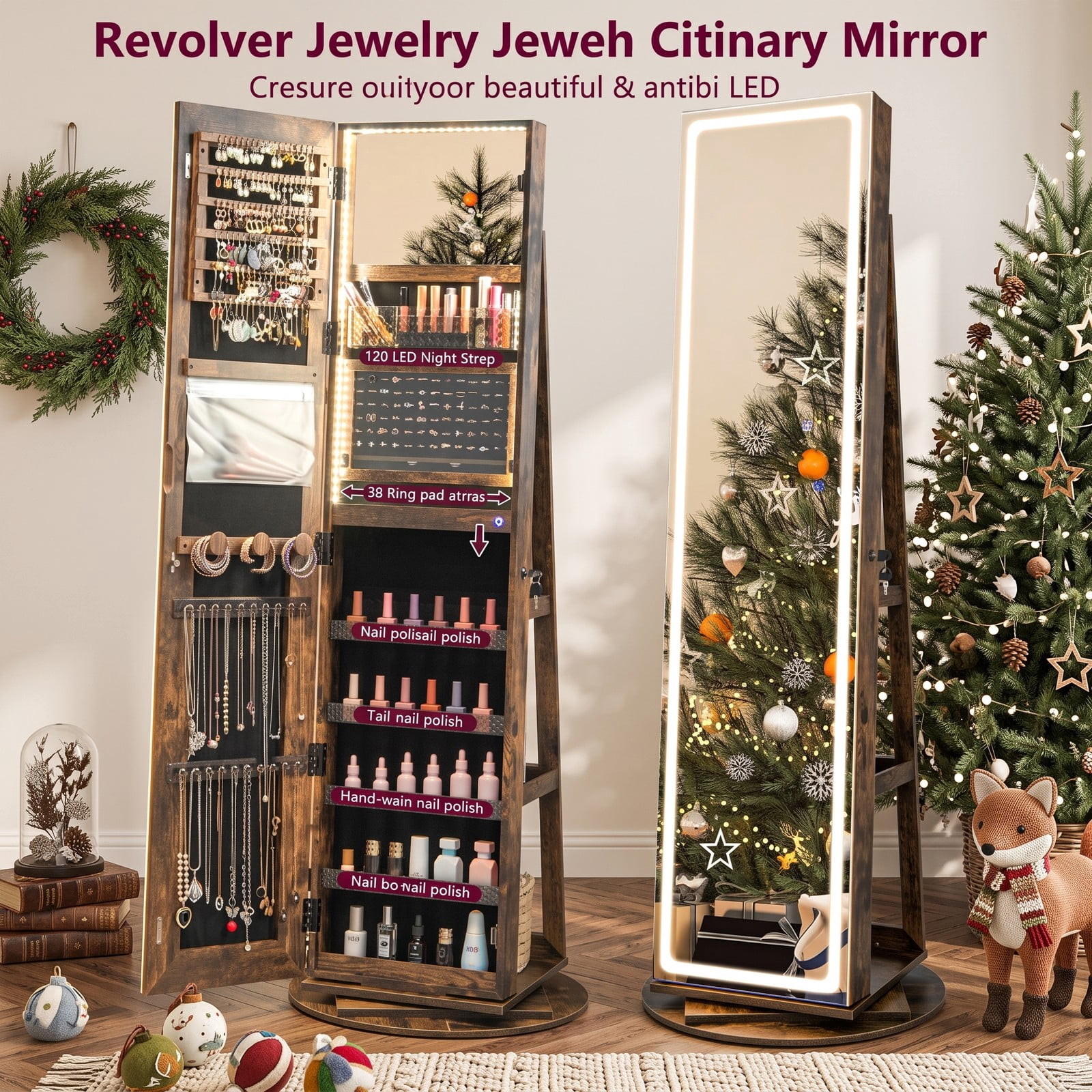 Furnibear Freestanding Rotating Jewelry Cabinet with Adjustable LED Full-Length Mirror and Makeup Mirror for Bedroom, Coffee