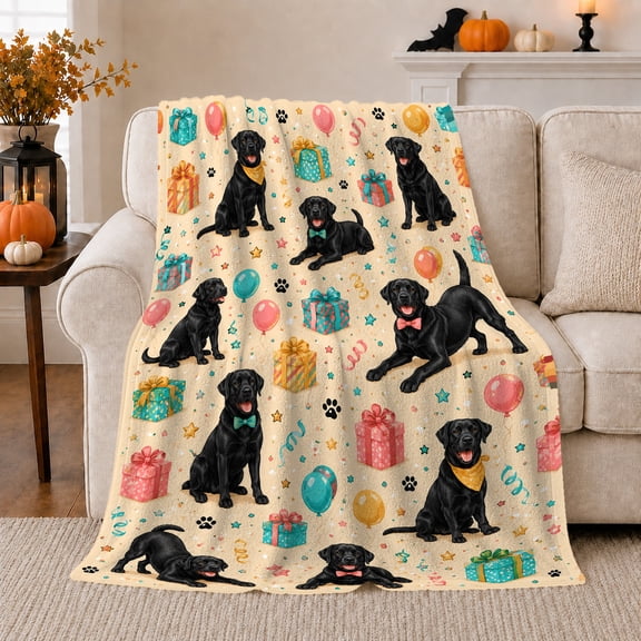 Black Labradors with Balloons and Gifts, Cheerful Party Style for Dog Lovers, Paw Confetti Scene, Cozy Flannel Blanket for Living Room and Bedroom, Birthday Gift and Festive Home Decor