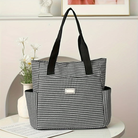 A fashionable ladies' handbag, a large-capacity shoulder bag, with a retro toothed checkered design, polyester lining, zipper closure, washable/dry washable, and available in multiple colors