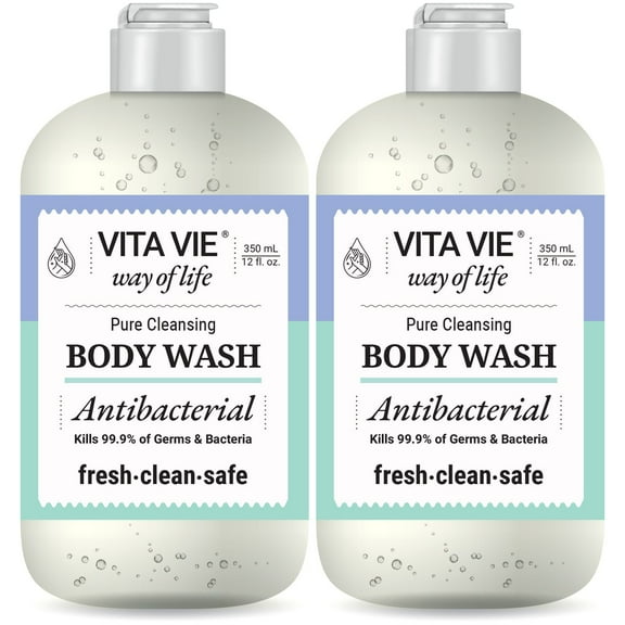 Vita Vie Antibacterial Body Wash, 12 oz (2-Pack), Lemon Scented - Gentle and Safe - Made in America
