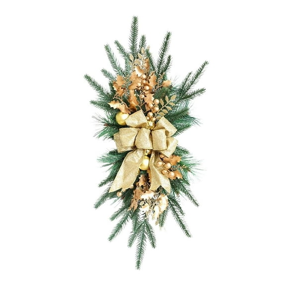 Pre-Lit Christmas Teardrop Swags 26 inch Christmas Stair Swags with Bowknot, Red Berries and Pinecone, Winter Pine Needles Swag for Front Door Wall Window Home Xmas Decor