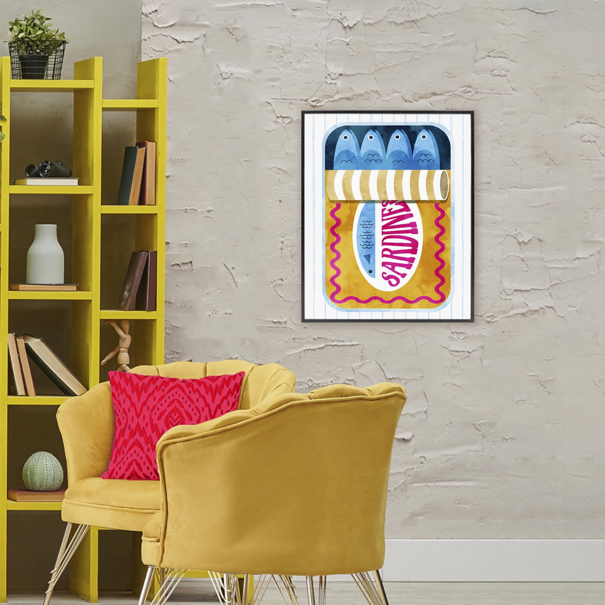 Yellow Sardine Tin over Stripes Black Framed Giclee Art, design by Daphne Polselli