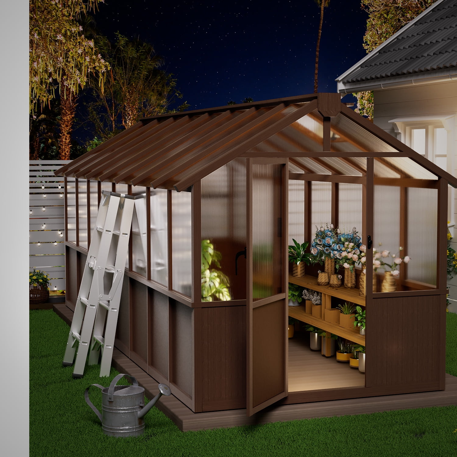 EASYHAWK 8 ft. x 16 ft. Wood Greenhouse for Outdoors, Polycarbonate Panel Wooden Walk-In Greenhouse Kit with Adjustable Roof Vent, Backyard Garden & Patio