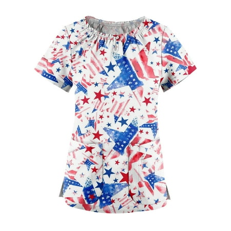 

XHJUN Scrub Tops Women Stretchy Ladies Printed Scrub Tops V Neck Scrubs for Women Top Shirt Women White L