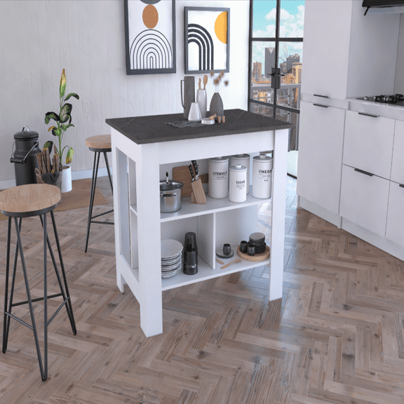 We Have Furniture Kitchen Island Dozza, Three Shelves, White / Onyx Finish