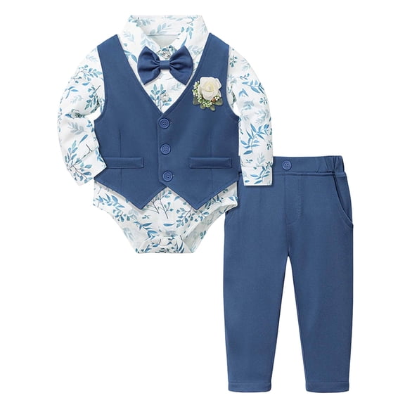 Ulanda Baby Boy Wedding Tuxedo Suit Set 3-Piece Gentleman Bowtie Romper with Vest & Pants for Christening (Blue, 12-18 Months)