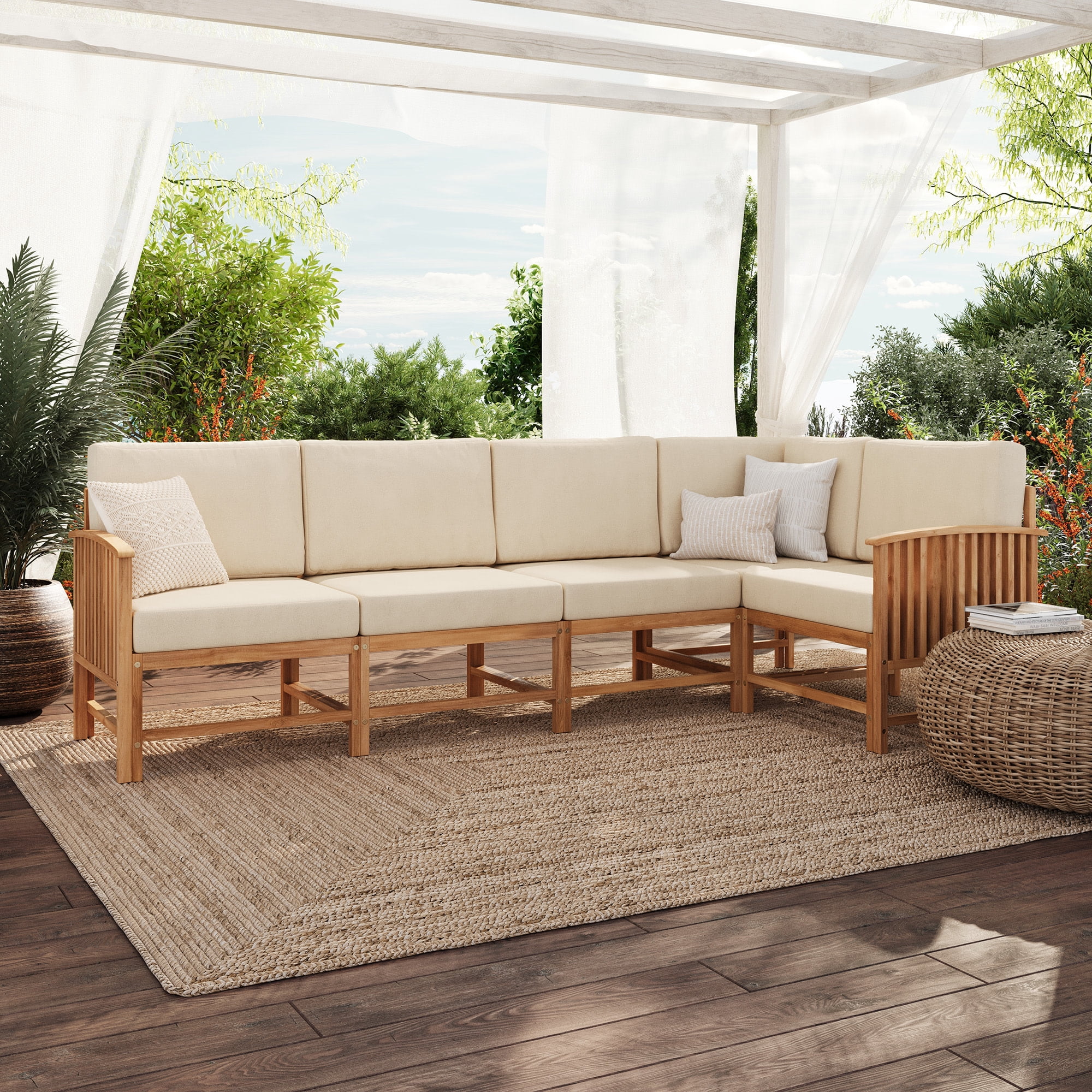 Walker Edison Modern Slatted Solid Wood 5-Piece Outdoor Sectional Set, Brown