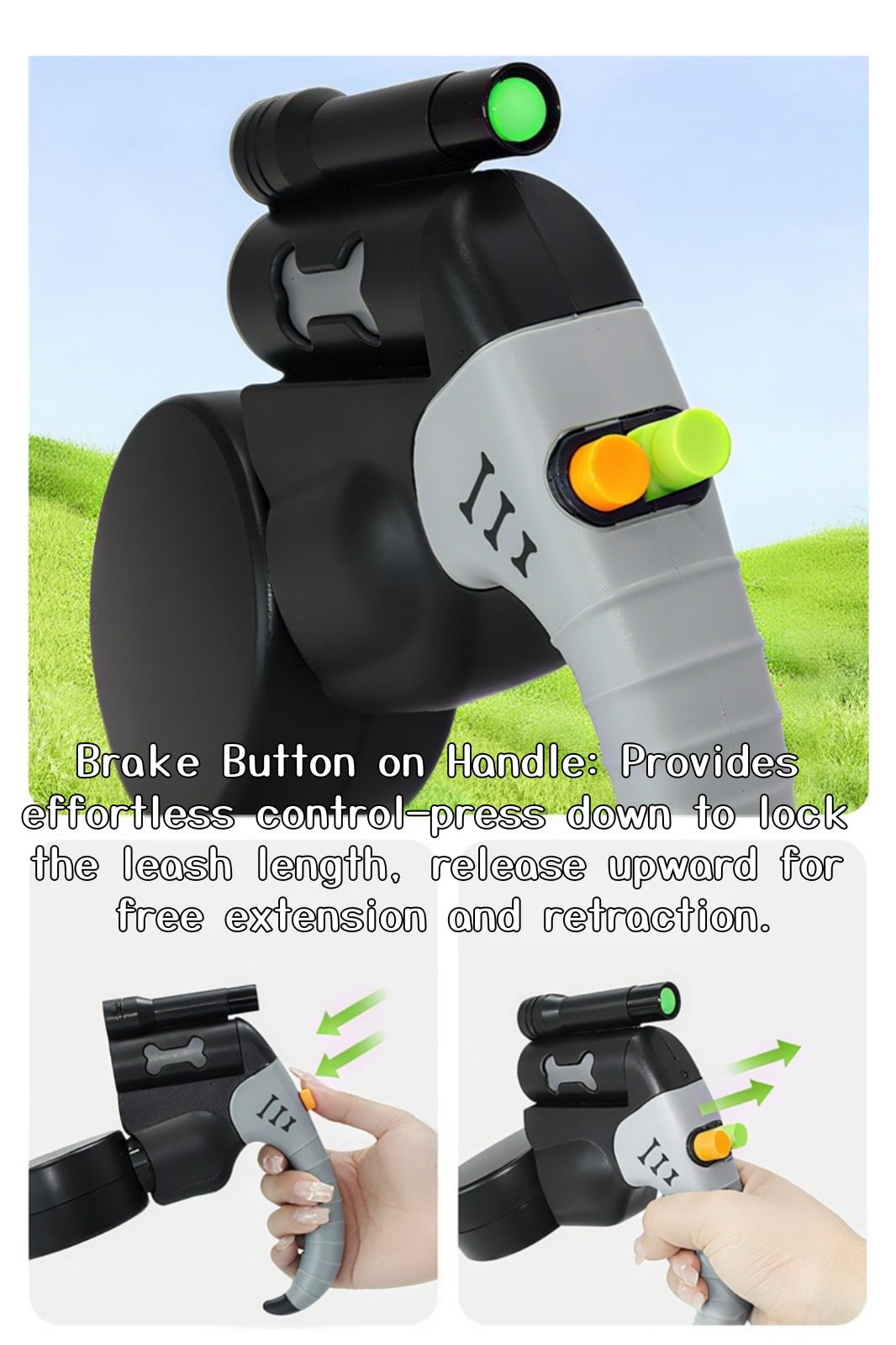 Retractable Double Dog Leash, Tangle-Free, LED Light, Poop Bag Holder, One-Handed Brake, Reflective