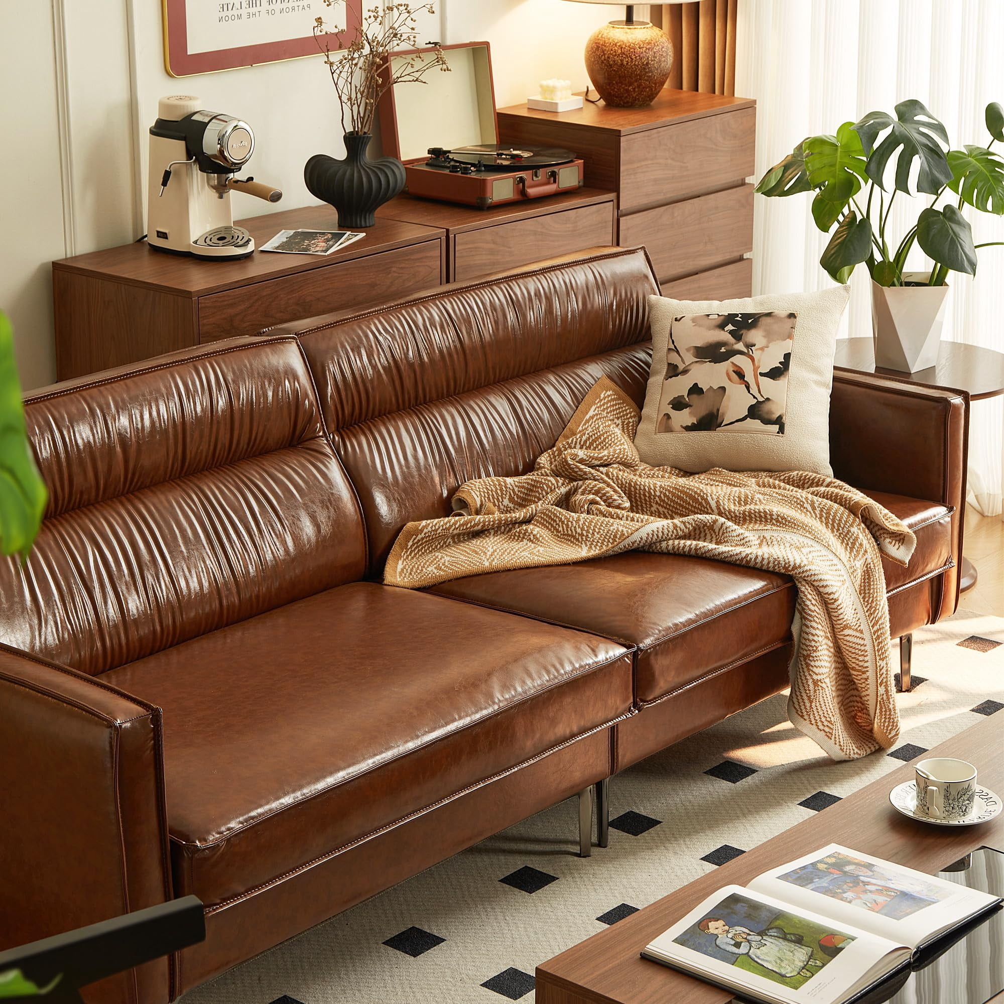 NessCarsti Furniture Modern Living 3-Seater Leather Sofa with Removable Cushions, Brown