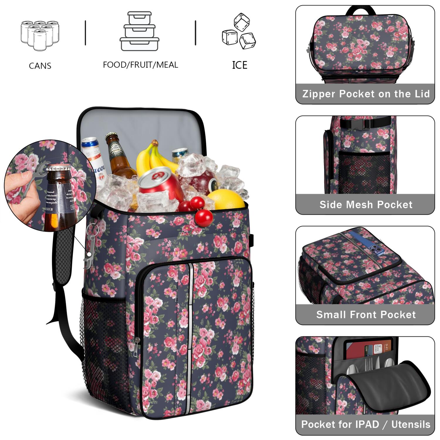 Travel Cooler Bag - Pioneer Flower Camping Beer Cooler Backpack with Bottle Opener- Waterproof Insulated Picnic Backpacks - Cooler Bag for Beach