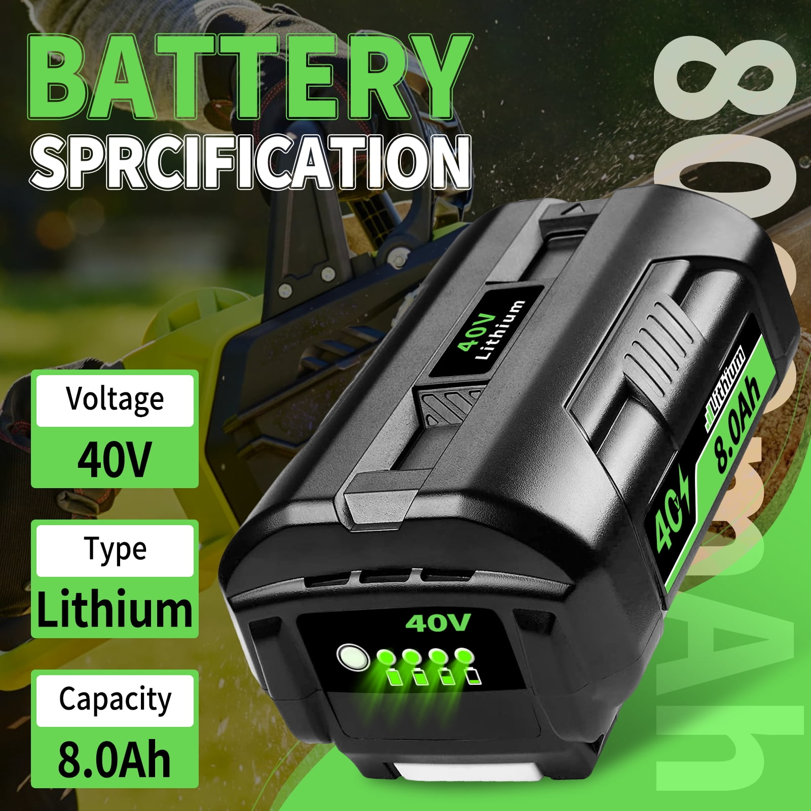 1 Pack 40V 8.0Ah Replacement for Ryobi Battery Compatible with Ryobi 40v Battery Fits for Ryobi Battery 40v OP4060 OP4015 OP4026 OP40201 OP40261 OP4030 OP4040 OP40401 OP4050 OP40501 Fast Charging