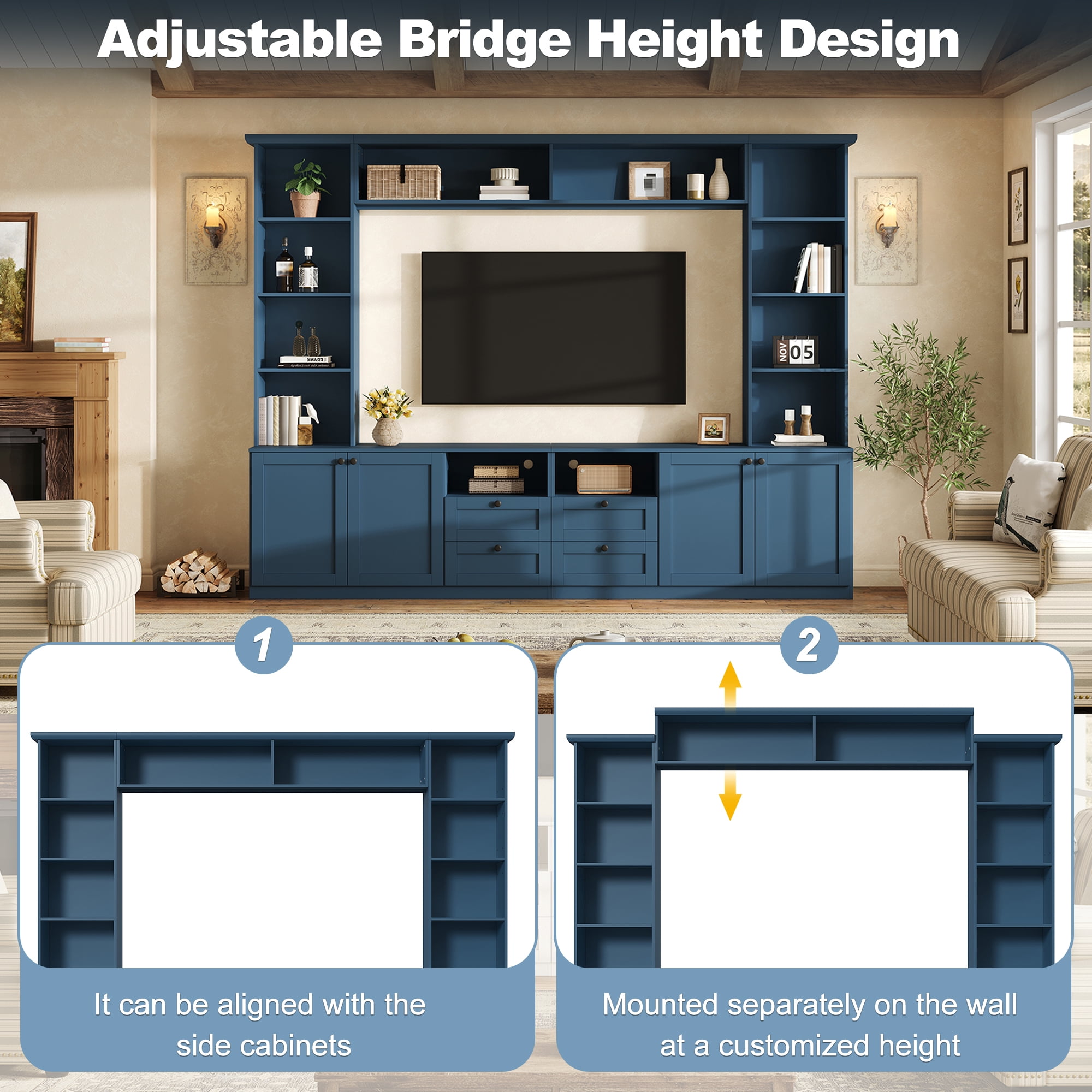 Farmhouse Entertainment Center Wall Unit with Bridge, 4 Drawers, Adjustable Shelves, Modern TV Stand for TVs Up to 70", Modern Media Console Cabinet with Storage for Living Room
