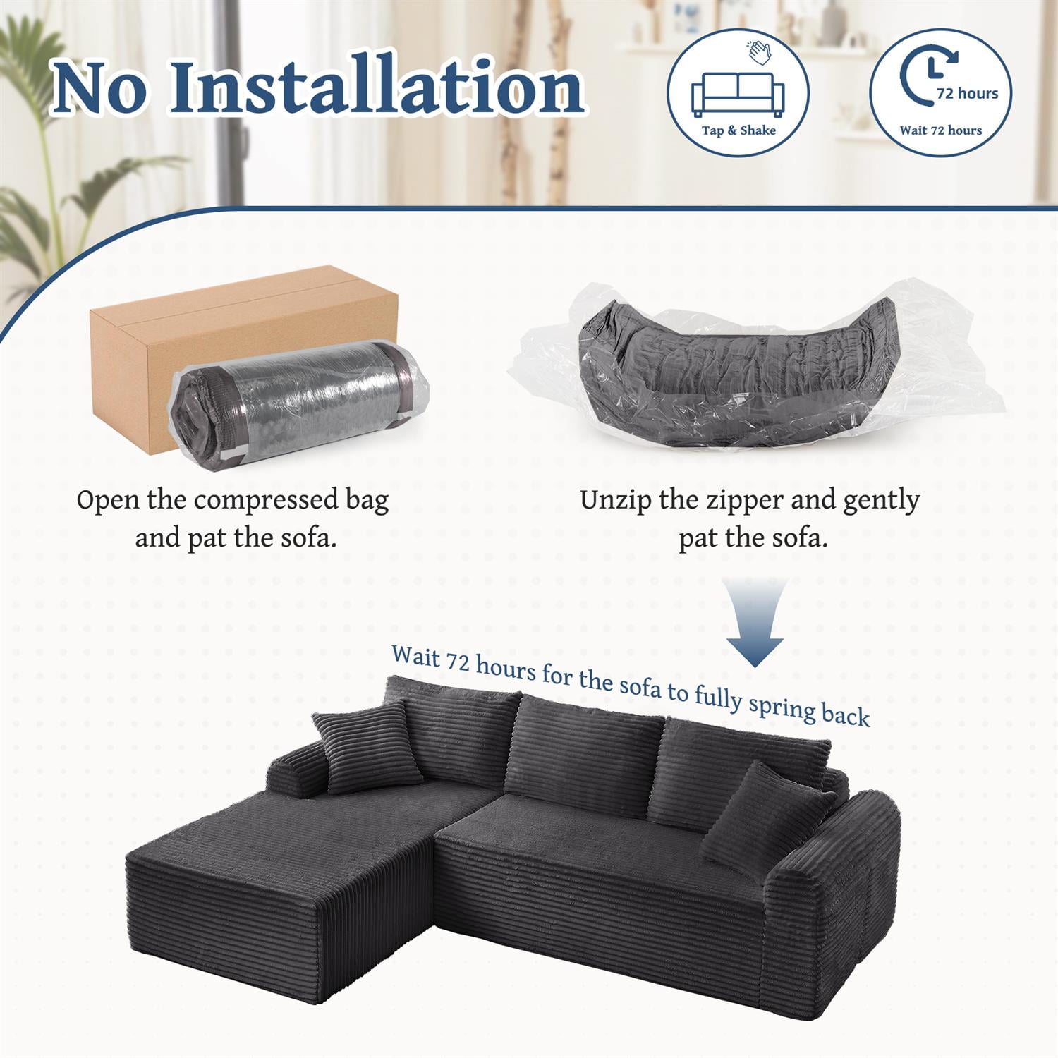 Demi Bonn 103" Cozy Corduroy Sectional Sofa with Arched Armrests, Non-Slip Base, 3 Back Cushions and 2 Throw Pillows, Full-Compression Chaise Lounge Couch Set, Gray